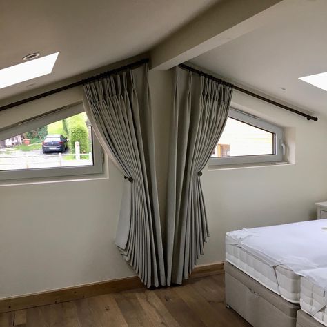 Sloping Window Curtains, Curtains On Triangle Window, Curtains Angled Windows, Angled Curtains Ceilings, Curtains For Sloped Ceiling, Window Coverings For Angled Windows, Angle Window Curtains, Angled Window Curtains, Curtains For Angled Windows