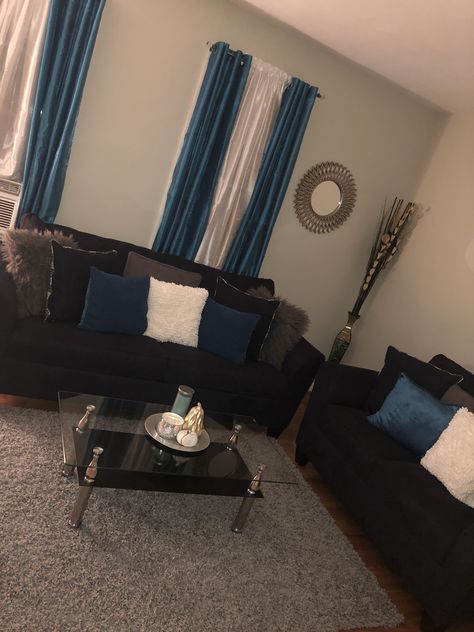 Black Blue And Gold Living Room, Black Gold And Teal Living Room, Navy Grey Black White Living Room, Black And Navy Blue Living Room, Black Teal Living Room, Blue And Black Living Room Ideas, Navy Black And White Living Room, Blue Black And White Living Room, Teal And Black Living Room