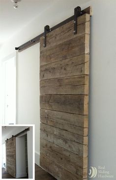 Taking rustic to the next level, an authentic barn board door adds depth and texture to an otherwise contemporary environment. We provide barn door hardware, track, brackets and wood panels. Visit our website or visit our showroom in Murray Utah. www.decorativewoodworkathome.com Wooden Sliding Door, Plank Door, Internal Wooden Doors, Double Doors Interior, Wood Barn Door, Barn Door Kit, Modern Barn Door, Wooden Doors Interior, Into The Wood