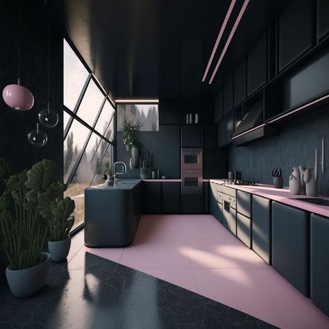 Pink Black Interior, Matte Black Apartment, Black Pink Decor, Black Pink Interior, Black And Pink Interior Design, Pink And Black Kitchen Decor, Pink Black Kitchen, Pink And Black Kitchen Ideas, Black And Pink House Decor