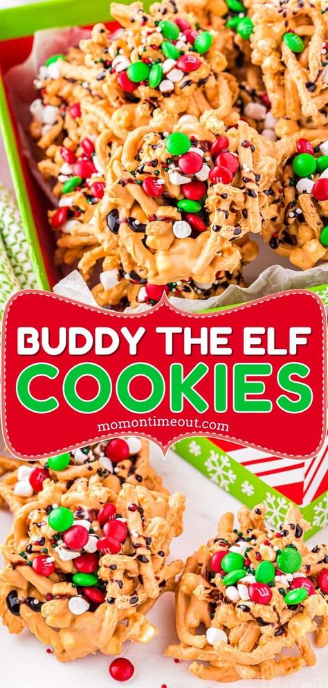 Over the top Buddy the Elf Cookies take your classic Haystacks recipe and add all the toppings you would expect from Buddy! Better than your average North Pole treat, these easy no bake Elf Cookies are a total showstopper and perfect for movie night, Christmas cookie trays and holiday parties! Elf Snacks Parties Food, Elf Theme Snacks, Elf With Cookies, Buddy The Elf Dinner Ideas, Buddy Elf Cookies, Buddy The Elf Dessert Ideas, Elf Christmas Party Food, Kids Christmas Movie Night Ideas, Buddy The Elf Snacks