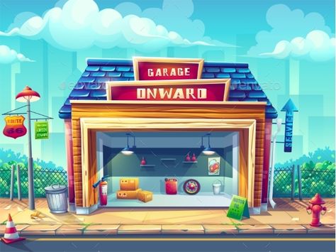 Vector Cartoon Background Illustration of Garage #Cartoon, #Vector, #Background, #Garage Garage Background, Garage Drawing, Pinup Style, Web Video, Vector Cartoon, Cartoon Background, Police Car, User Interface Design, Styled Stock