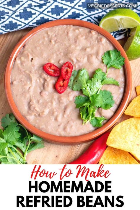 Refried Beans Recipe Easy, Easy Refried Beans, Mexican Refried Beans, Vegan Refried Beans, Veggie Desserts, Vegan Fajitas, Make Refried Beans, Homemade Refried Beans, Chickpea Tacos