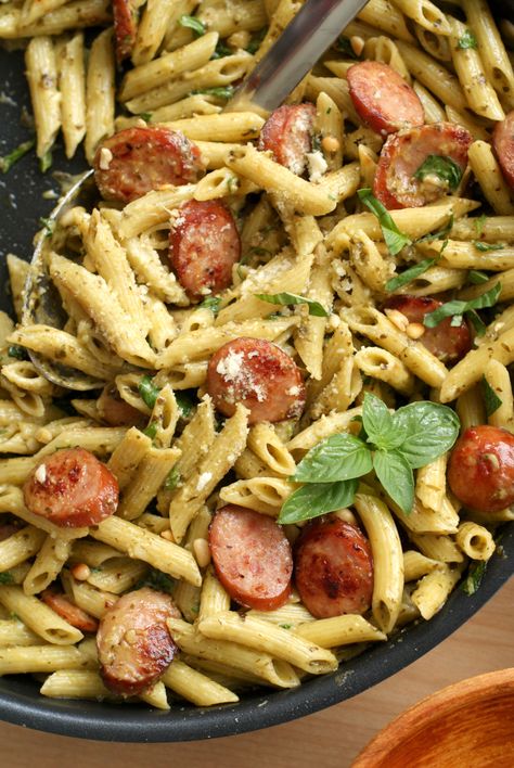 Chicken Sausage Pesto Pasta, Italian Sausage Pesto Pasta, Sausage Pesto Pasta, One Pan Sausage, Pan Sausage, Smoked Sausage Pasta, Chicken Sausage Recipes, Chicken Sausage Pasta, Basil Pesto Pasta