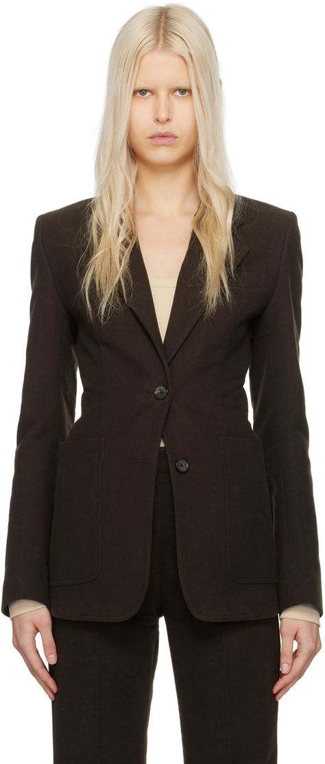 Find Totême Brown Cinched Blazer on Editorialist. Cotton- and recycled cotton-blend moleskin blazer. · Notched lapel · Button closure · Welt pocket · Patch pockets · Partial twill lining Supplier color: Espresso Brown Blazer, Blazer Beige, Brown Suits, Cotton Blazer, Denim Trends, Fitted Blazer, Womens Blazers, Work Looks, Long Sleeve Blazers