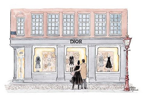 Fashion illustration of the Dior store in Amsterdam. Window Display Illustration, Bloxburg Market, Dior Building, Dior Artwork, Dior Illustration, Aquarelle Ideas, Sketch Collage, Store Illustration, Sims4 House