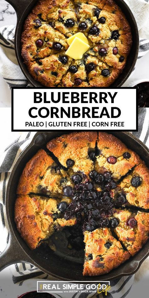 The outer edges and top of this gluten free and paleo blueberry cornbread get crispy, while the inside stays tender and moist from the blueberries. Make it in a cast iron skillet or 9"x9" baking dish in just 25 minutes. | realsimplegood.com #paleo #glutenfree #grainfree #cornbread #blueberry Cast Iron Paleo Recipes, Gluten Free Cast Iron Recipes, Paleo Cornbread, Paleo Baking Powder, Skillet Food, Blueberry Cornbread, Blueberry Girl, Autoimmune Diet, Iron Skillet Recipes