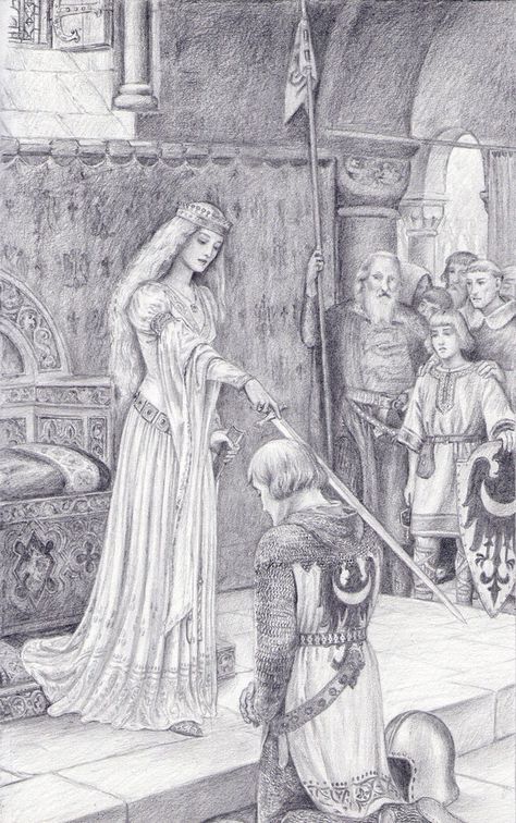 Edmund Blair Leighton, Merry People, Painting Together, The Accolade, Elf Drawings, John Howe, Maid Marian, Medieval Woman, Adult Coloring Designs