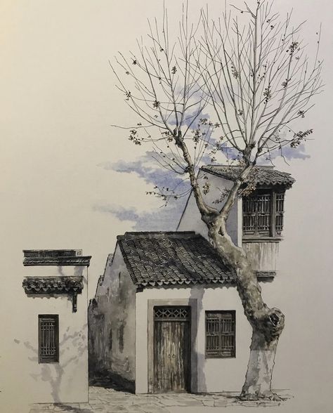 Architecture Pencil Drawing, Watercolor Architecture Sketches, Pen And Ink Drawings With Watercolor, Watercolor Architecture, Art Photography Portrait, Architecture Drawing Art, Architectural Sketch, Cover Art Design, 수채화 그림