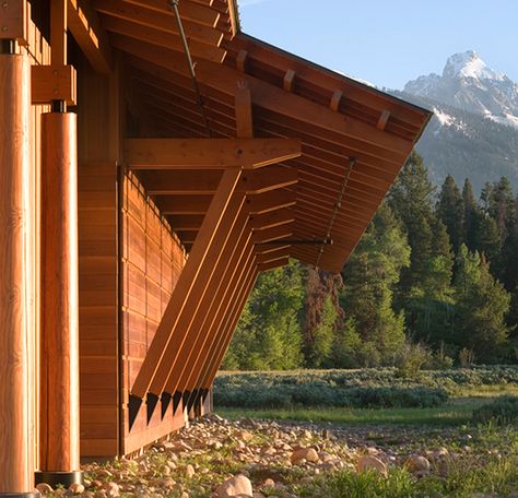 Timber post and beam construction, Laurance S. Rockefeller Preserve by Carney Logan Burke Architects, Moose, Wyoming. Timber Roof Structure, Timber Truss Architecture, Truss Structure Architecture, Mass Timber Architecture Exterior, Mass Timber Structure, Post And Beam Construction, Timber Posts, Wooden Architecture, Timber Architecture