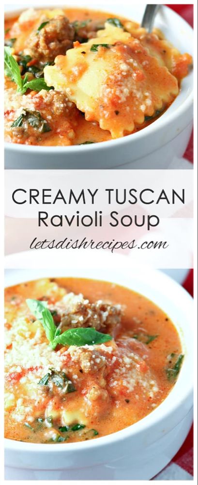 Creamy Tuscan Ravioli Soup | Let's Dish Recipes Creamy Tomato Ravioli Soup, Ravioli Tomato Soup, Frozen Roma Tomatoes Recipes, Crowd Pleasing Soup, Fall Winter Recipes, Sausage Ravioli Soup, Creamy Tuscan Ravioli, Tuscan Ravioli, Recipes Ravioli