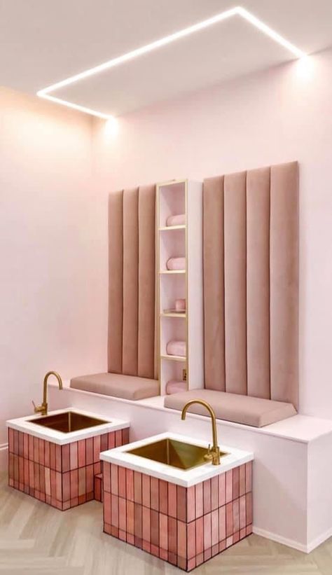 Led ceiling light , pink chair pillows, pink ceramic leg wash sink🤍 Pedicure Station Ideas, Pedicure Room, Salon Storage Ideas, Pink Pedicure, Salon Design Ideas, Pedicure Station, Nail Salon Interior, Nail Business, Nail Salon Decor