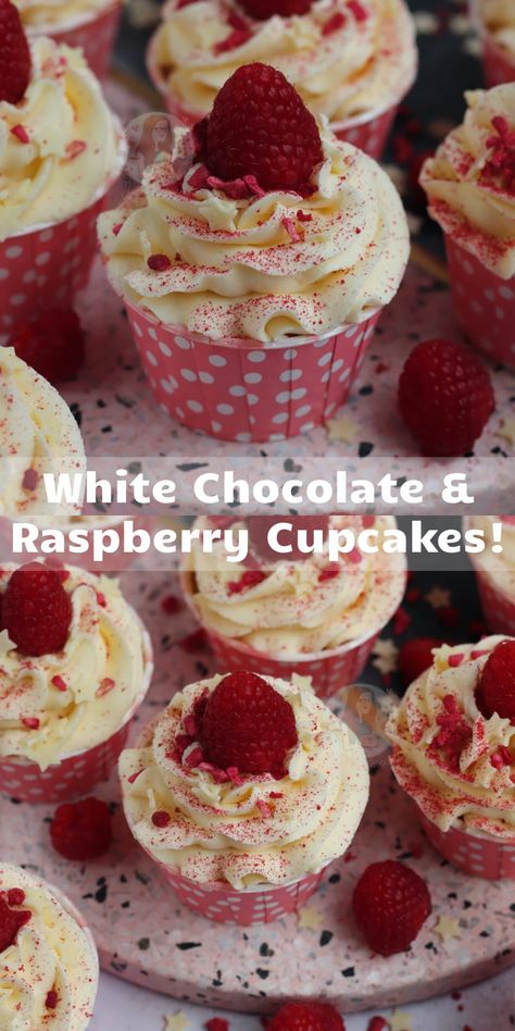 White Chocolate Cupcake Recipe, Fruity Cupcake Recipes, Raspberry And White Chocolate Cake, Raspberry Cheesecake Cupcakes, White Chocolate Raspberry Cupcakes, Raspberry Cupcake Recipes, Fruity Cupcakes, White Chocolate Buttercream Frosting, Cupcakes White