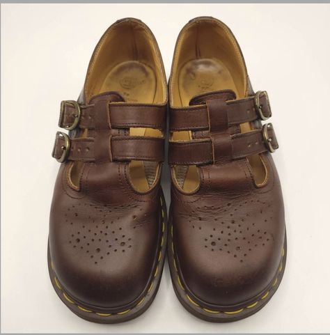 Funky Shoes Aesthetic, Brown Docs, Doc Marten Mary Janes, Brown Vintage Dresses, Brown Doc Martens, Vintage Doc Martens, Thrift List, Vintage Dress Shoes, Lesbian Fashion