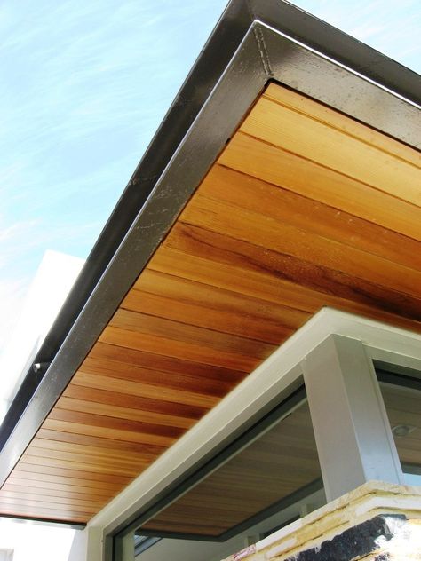 under eave wood panel - I like this direction and colour but slimmer wood with gaps. Google Search Wood Soffit, Soffit Ideas, Wood Cladding Exterior, Patio Ceiling, Cladding Ideas, Cladding Exterior, Cedar Paneling, White Exterior Houses, Modern Remodel