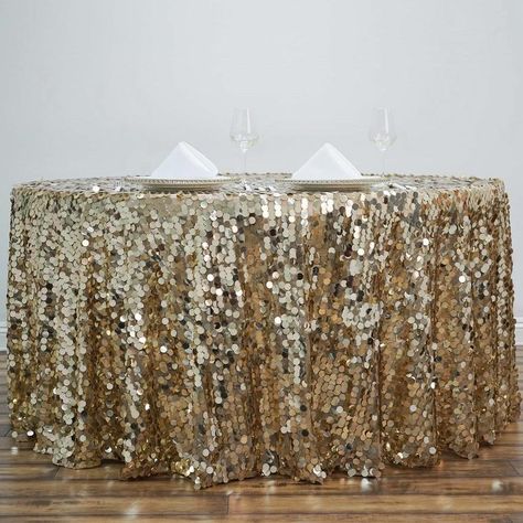 120" Big Payette Champagne Sequin Round Tablecloth Premium Collection | eFavorMart Sequin Tablecloth Wedding, Round Table Sizes, Sequin Tablecloth, Sequin Table, Champagne Party, Bridal Table, Mantel Redondo, Tablecloth Sizes, Banquet Tables