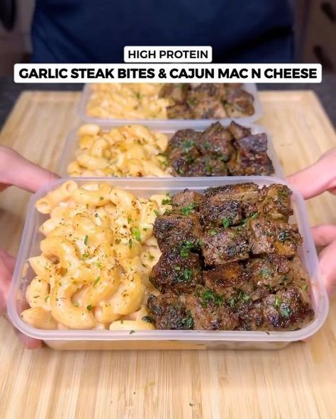 Garlic Steak Bites And Cajun Mac, Cajun Mac And Cheese With Garlic Butter Steak Bites, High Protein Garlic Butter Steak Bites, Steak Bites And Cajun Mac And Cheese, Garlic Steak Bites And Cajun Mac And Cheese, Mac And Cheese With Steak Bites, Easy Steak Meal Prep, Creamy Garlic Pepper Steak, Cajun Garlic Steak Bites Mac N Cheese