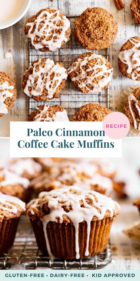 These classic cinnamon coffee cake muffins have it all – sweet, fluffy moist, tender muffins topped with loads of cinnamon crumbs and an optional icing! They’re paleo, gluten-free, dairy-free, kid approved and perfect for breakfast treats, snacks and dessert. These really do have it all, they are quick to make and include the icing recipe if you want extra sweetness! I use powdered monk fruit to avoid too much added sugar. Cinnamon Coffee Cake Muffins, Paleo Coffee Cake, Coffee Cake Muffin Recipes, Paleo Muffin Recipes, Paleo Baking Recipes, Paleo Coffee, Muffins Paleo, Zucchini Chocolate Chip Muffins, Dairy Free Coffee