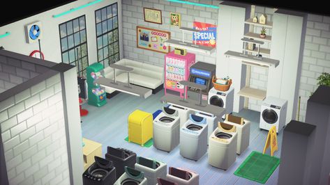 Animal Crossing Laundry Mat, Acnh Laundry Mat, Acnh Laundromat, Acnh Hhp, Laundry Mat, Acnh Inspo, Animal Crossing, Animals, Design