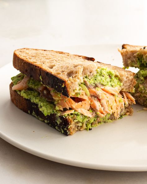 Salmon & Herby Edamame Spread Sandwich Edamame Sandwich, Minimalist Meals, Salmon Edamame, Salmon Avocado Toast, Justine Doiron, Chili Lime Salmon, Packable Lunch, Quick Family Dinners, Salmon Sandwich