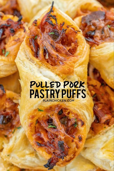 Pulled Pork Pastry Puffs - only 4 ingredients! Great recipe for a quick lunch, dinner or party. Smoky pulled pork tossed with BBQ sauce and cheese then baked in puff pastry. SO good! Can make ahead and freeze for later. We love to serve these with some coleslaw and extra BBQ sauce or Ranch for dipping. YUM! #pulledpork #partyfood #appetizer #tailgating Sandwich Vegetarian, Quick Lunch, Puff Pastry Recipes, Football Food, Fun Easy Recipes, Quick Lunches, Pork Dishes, Party Food Appetizers, Diet Keto