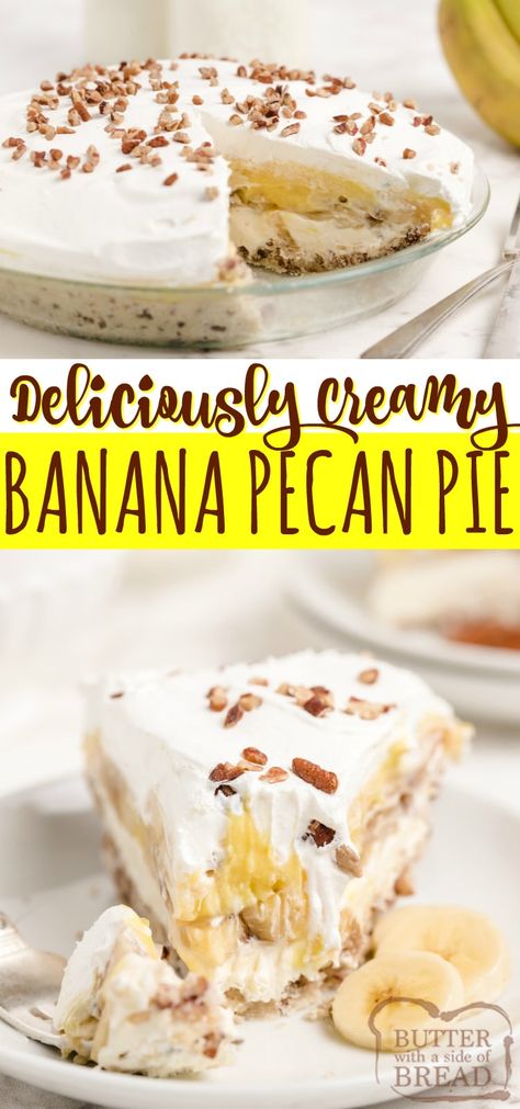 Butter Pecan Banana Cream Pie combines two classic pies into one delicious dessert! This simple banana pie recipe is made in a pecan crust, with fresh bananas sandwiched between two creamy layers. Banana Pie Recipe, Pecan Pie Crust, Banana Cream Pie Recipe, Pecan Crust, Pecan Desserts, Banana Pie, Easy Pie Recipes, Fresh Recipes, Cream Pie Recipes