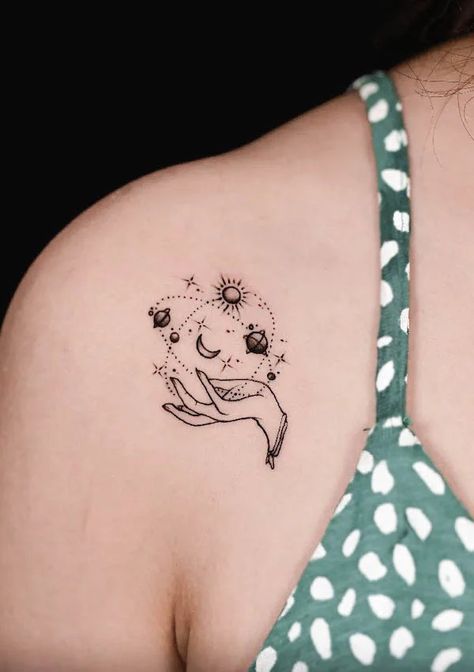 Cute And Unique Tattoos, Hand With Moon Tattoo, Cute Medium Size Tattoos For Women, Hand And Moon Tattoo, Cloudy Sun Tattoo, Mini Tats With Meaning For Women, Sun And Moon Ear Tattoo, Sun And Moon Tattoo Placement, Small Tattoo Ideas With Meaning Unique