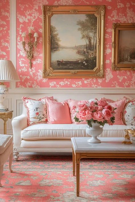 29 Pink Living Room Ideas For A Chic And Stylish Home - Courtneys World Cozy Feminine Living Room, Pink Couch Decor, Pink Drawing Room, Pink Sofa Aesthetic, Maximalist Decor Bathroom, Woodsy Living Room, Eccentric Living Room, Pink Living Room Ideas, Pink Sofa Living Room