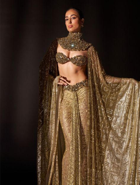 Indowestern Aesthetic, Gold Aesthetic Outfit, Priestess Clothing, Gold Outfits For Women, Egyptian Dress, Cape Set, Egyptian Fashion, Cape Designs, Gold Costume