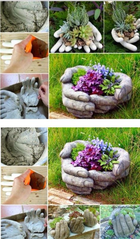 Hum, so stinkin’ nice I love the hands! Hand Planters, Concrete Leaves, Tanah Liat, Concrete Crafts, Concrete Projects, Concrete Garden, Concrete Planters, Garden Care, Concrete Diy