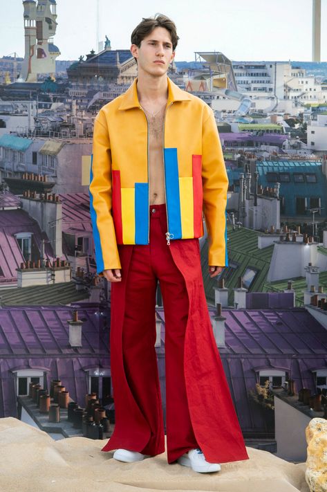 Men Bright Outfits, Men Color Blocking Outfits, Mens Bright Color Outfits, Pop Art Fashion Clothes, Men Colorful Fashion, Colorful Men’s Outfits, Maximalism Fashion Men, Weird Mens Fashion, Retro Futurism Fashion Men