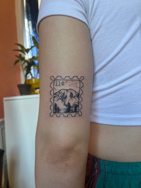 Mount Rainier Tattoo Simple, Arkansas Stamp Tattoo, Cool Mountain Tattoos, Old Stamp Tattoo, Utah Stamp Tattoo, Utah Postage Stamp Tattoo, Colorado Postage Stamp, My Rainier Tattoo, Mountain Frame Tattoo