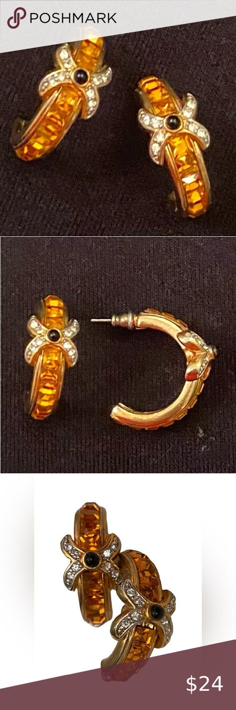 Vintage amber crystal & gold tone curved half hoop pierced earrings fine costume Amber Crystal, Costume Designer, Earrings In Gold, Costume Shop, Black Dots, Pierced Earrings, Earings Piercings, Clear Crystal, Amber