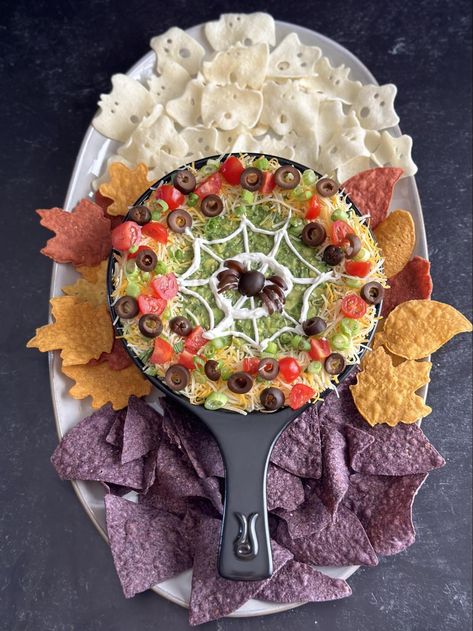 7 Layer Spider Web Dip - Melissa's Healthy Kitchen Spider Web Seven Layer Dip, Halloween Seven Layer Dip, Spider Web Bean Dip, Spooky 7 Layer Dip, Spider Web 7 Layer Bean Dip, Spooky Halloween 7 Layer Dip, Halloween 7 Layer Dip, Spider Web Layered Taco Dip, Spider Web Dip