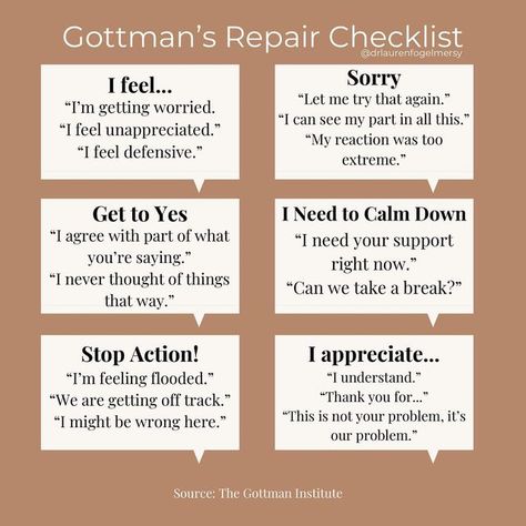 Repair After Conflict, I Feel Statements Relationships, Rupture And Repair, I Feel Statements Worksheet, Gottman Worksheets Free Printable, Gottman Worksheets, Gottman Repair, Gottman Repair Checklist, I Feel Statements