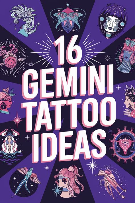 16 Gemini tattoo ideas surrounded by colorful zodiac symbols and illustrations. Gemini Art Illustrations, Unique Gemini Tattoo, Gemini Tattoo Ideas, Gemini Sign Tattoo, Zodiac Tattoo Ideas, Twin Symbol, Gemini Tattoo Designs, Gemini Symbol, Gemini Art