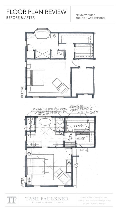 IMPROVING A PRIMARY SUITE THROUGH A VIRTUAL FLOOR PLAN REVIEW — Tami Faulkner Design Master Suite Floor Plan, Tami Faulkner, Floor Plan Sketch, Interior Architecture Sketch, Custom Floor Plans, Furniture Design Sketches, Interior Design Renderings, Interior Architecture Drawing, Bathroom Floor Plans