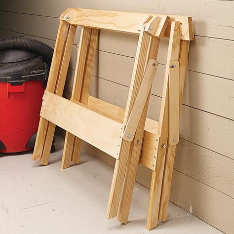 Folding Sawhorse: A simple, lightweight set of sawhorses are great to have around the shop. And they can be easily taken on the road for projects in the house. Sawhorse Plans, Folding Sawhorse, Woodworking Workshop Layout, Saw Horses, Saw Horse, Storage Shed Organization, Diy Bench Outdoor, Diy Bench, Woodworking Workshop