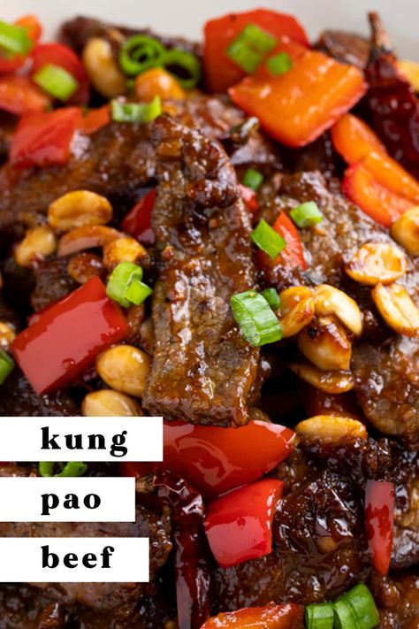 This easy Kung Pao Beef is a simple, homemade version of a classic take-out dish. The juicy flank steak is cooked in a rich and savory sauce with crisp bell peppers and crunchy roasted peanuts for an incredible blend of flavors. Serve this delicious meat and veggie stir fry on its own or with a side of rice or noodles for a total meal. Kung Pao Beef Recipe, Kung Pao Beef, Steak And Rice, Fried Beef, Fast Dinners, Asian Inspired Recipes, Veggie Stir Fry, Beef Recipe, Dinner Entrees