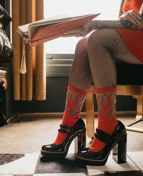 Would you wear socks with heels? Comment ❤️‍🔥 for yes and 💔 for no!⁠ ⁠ 📸 @taryndudleyphoto⁠ ⁠ Image description: A woman wearing… | Instagram Socks With Heels, Flame Socks, Valentine's Outfit, Rock And Roll Fashion, Alternative Aesthetic, Socks Collection, Edgy Streetwear, Sheer Socks, Image Description