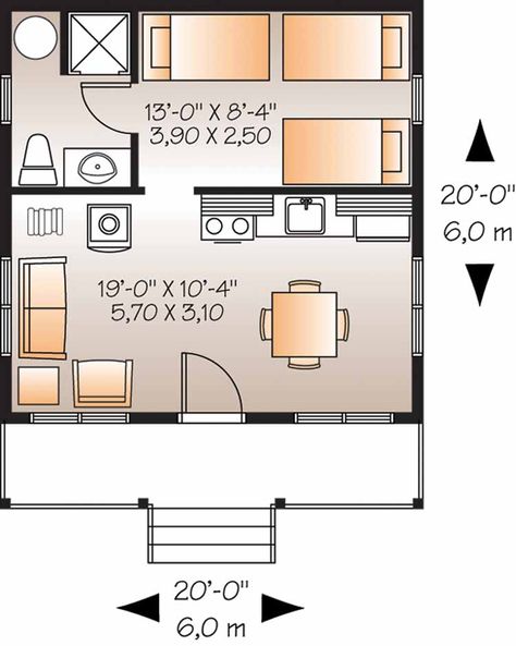 Home Plans HOMEPW08834 - 400 Square Feet, 1 Bedroom 1 Bathroom Country Home with Add a door and window in the bedroom and would work well as office and guest.  Easy, cheap build. 400 Sq Ft House, Cabin Plan, Tiny House Layout, Cottage Style House Plans, A Small House, Cabin House Plans, Tiny House Floor Plans, Tiny Cabin, Tiny House Cabin