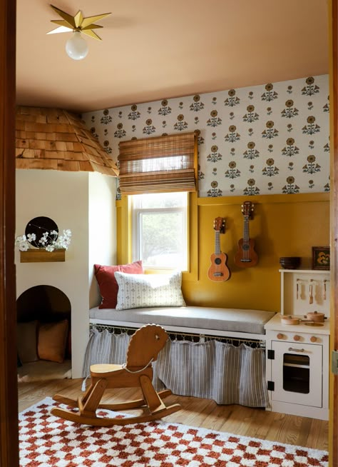 Makeover By Monday | Cottage Playroom with Built-In Bench & Kitchen - I SPY DIY Antique Playroom, Cottagecore Playroom, Cottage Playroom, Built In Bench Kitchen, Daycare Playroom, Vintage Playroom, Playroom Kitchen, Bench Kitchen, Playroom Makeover