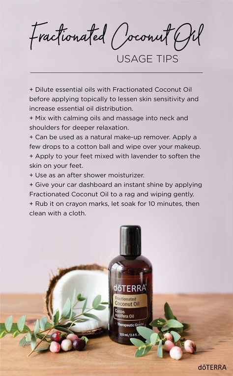 Completely soluble with all essential oils, Fractionated Coconut Oil is an excellent carrier oil that absorbs quickly and won’t clog pores. Use it to dilute essential oils before applying them to the skin. It increases the distribution of essential oils, minimizes skin sensitivity, and softens skin. Dilute Essential Oils, Diluting Essential Oils, Diy Coconut Oil, Calming Oils, Essential Oil Education, Essential Oils 101, Doterra Essential Oils Recipes, Essential Oils Guide, Essential Oils Health