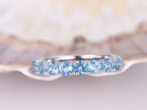 Topaz wedding band,sky blue topaz wedding ring,half eternity ring,engagement ring,stacking matching band,anniversary ring,14k white gold by PENNIjewel on Etsy Blue Eternity Band Promise Ring, Light Blue Crystal Ring For Anniversary, Blue Cubic Zirconia Eternity Band Gift, Elegant Blue Cubic Zirconia Eternity Band, Ocean-inspired Blue Rings As Gifts, Funny Wedding Vows, Topaz Wedding Ring, Bali Jewelry, Bride Headband