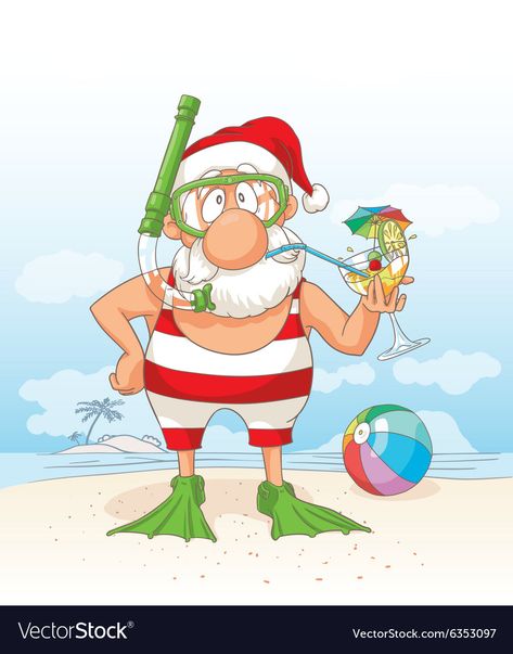 Santa Cartoon, Florida Holiday, Holiday Cartoon, Aussie Christmas, Hawaiian Christmas, Beachy Christmas, Beach Santa, Beach Illustration, Summer Christmas