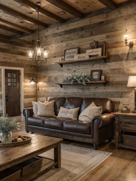 Wood Walls Living Room, Cabin Living Room, Shiplap Walls, Log Cabin Decor, Cabin Interiors, Cabin Living, Farmhouse Living Room, Coastal Retreat, Tiny House Cabin