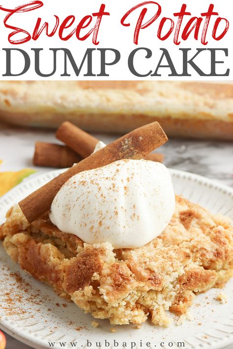 Easy Cake Walk Desserts, Sweet Potato Vanilla Cupcakes, Gingerbread Sweet Potato Dump Cake, Cake Mix Sweet Potato Cake, Sweet Potatoe Desserts Easy, Sweet Potato Dump Cake Recipes, Sweet Potato Cobbler Recipe, Fall Dump Cake Recipes, Thanksgiving Dump Cake