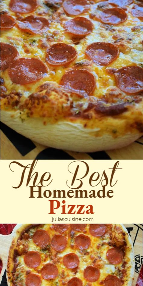 The absolute best pizza! This thick crust pepperoni pizza could the the star of your next party night. Made with home made dough and sauce, it's a real keeper. #pizza #dinnerideas #recipes Home Made Dough, The Best Homemade Pizza, Homemade Pepperoni, Thick Crust Pizza, Homemade Pepperoni Pizza, Pizza Recipes Pepperoni, Best Pizza Dough, Pizza At Home, Best Homemade Pizza