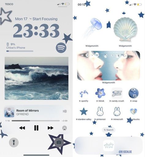 Phone Inspiration Blue, Blue Widget Ideas, Iphone Decoration Ideas, Cute Iphone Theme, Blue Phone Theme, Iphone Customization Ideas, Iphone Theme Ideas, Phone Theme Ideas, Wallpaper Layout