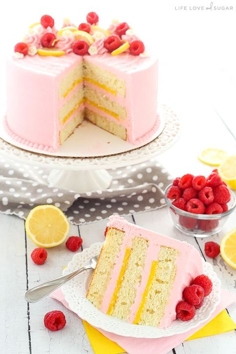 Lemon Raspberry Layer Cake - a light, moist lemon cake with lemon curd filling and raspberry frosting! So light, sweet, tart and the perfect… Homemade Lemon Cake Recipe, Raspberry Layer Cake, Homemade Lemon Cake, Life Love And Sugar, Raspberry Frosting, Moist Lemon Cake, Curd Filling, Lemon Curd Filling, Lemon Cake Recipe